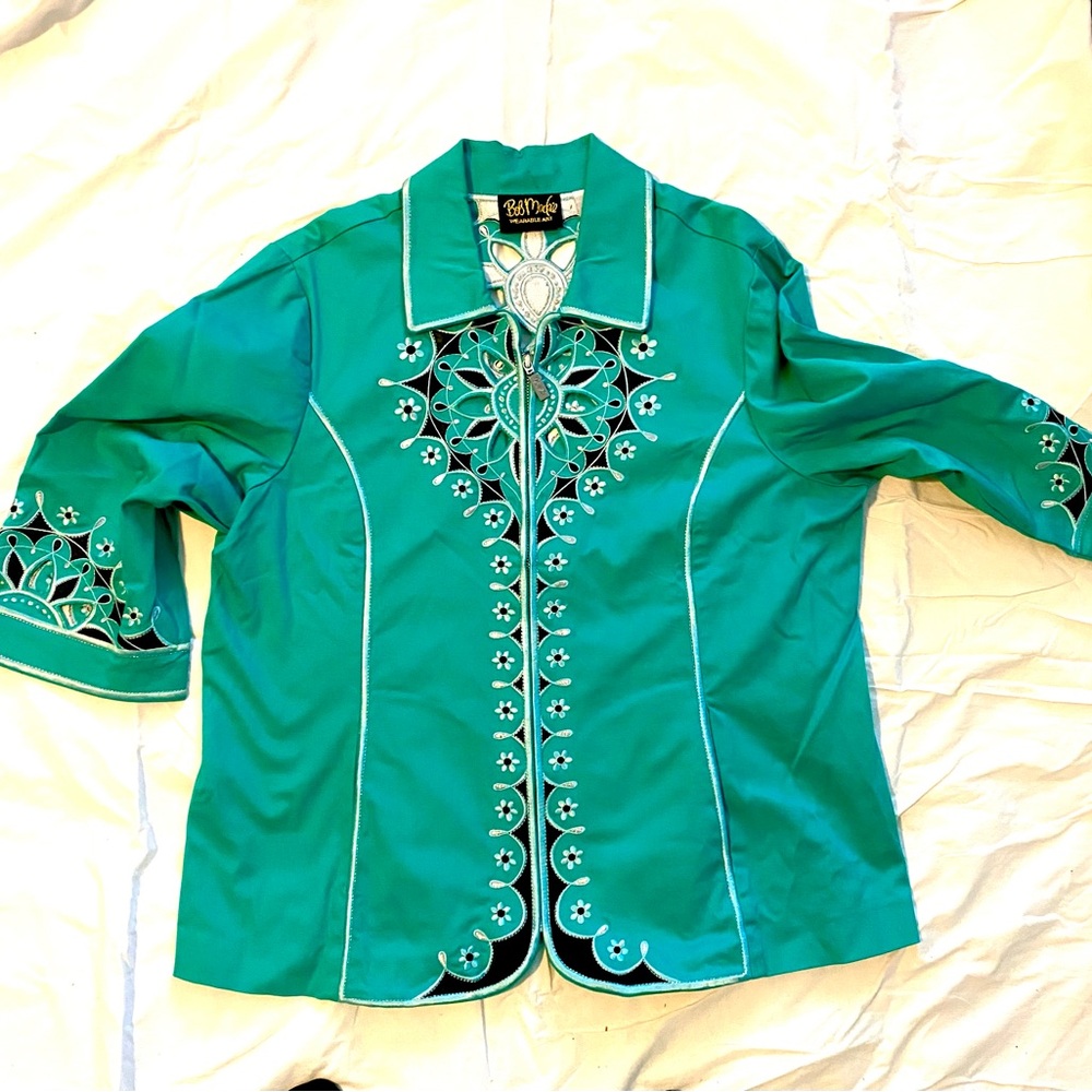 Bob Mackie Wearable Art Teal Green Laser Cut Embroidered Zip up Jacket